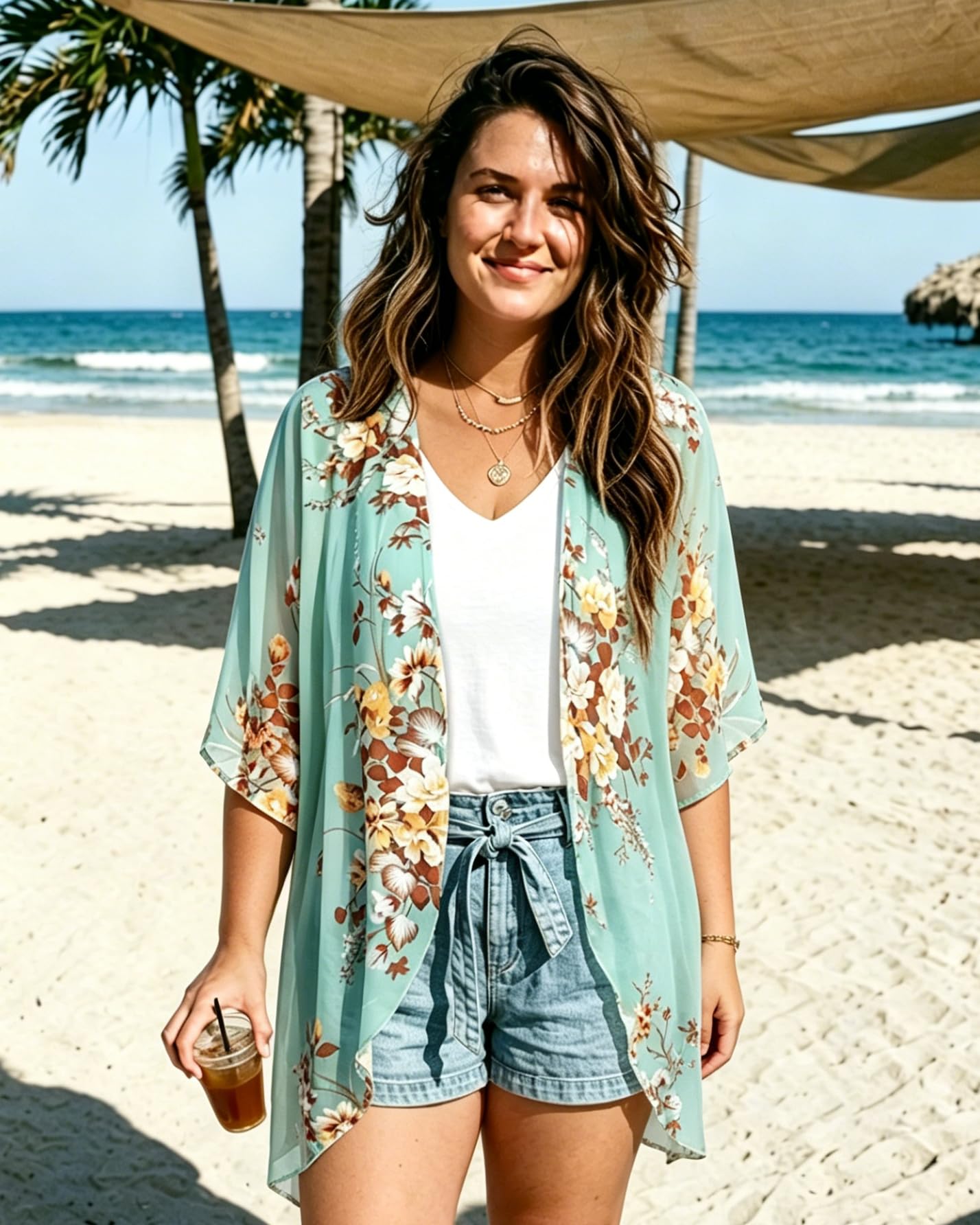Womens Kimonos Bathingsuit Cover Ups Floral Cardigan 3/4 Sleeves Shrug Summer Tops Resortwear(Aqua Blue,L)