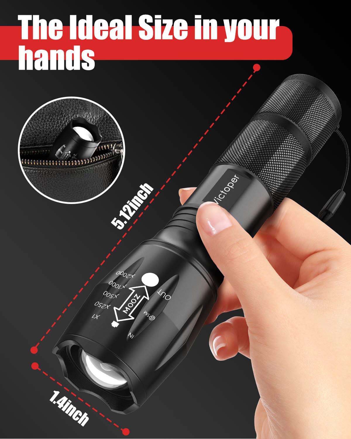 Victoper LED Flashlight 1 Pack, Bright Tactical Torch High Lumens with 5 Modes, Waterproof Zoomable Flash Light for Outdoor, No Battery Included