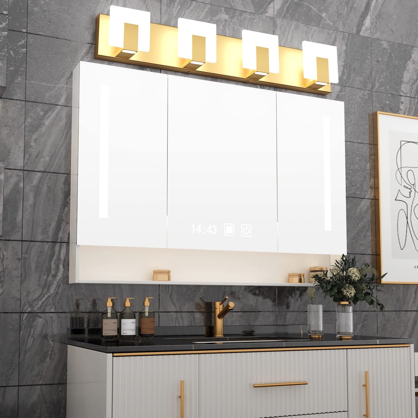 Aipsun Gold Vanity Lights for Bathroom Modern LED 4 Lights Bathroom Vanity Lights Up and Down Wall Light Fixtures 6000K