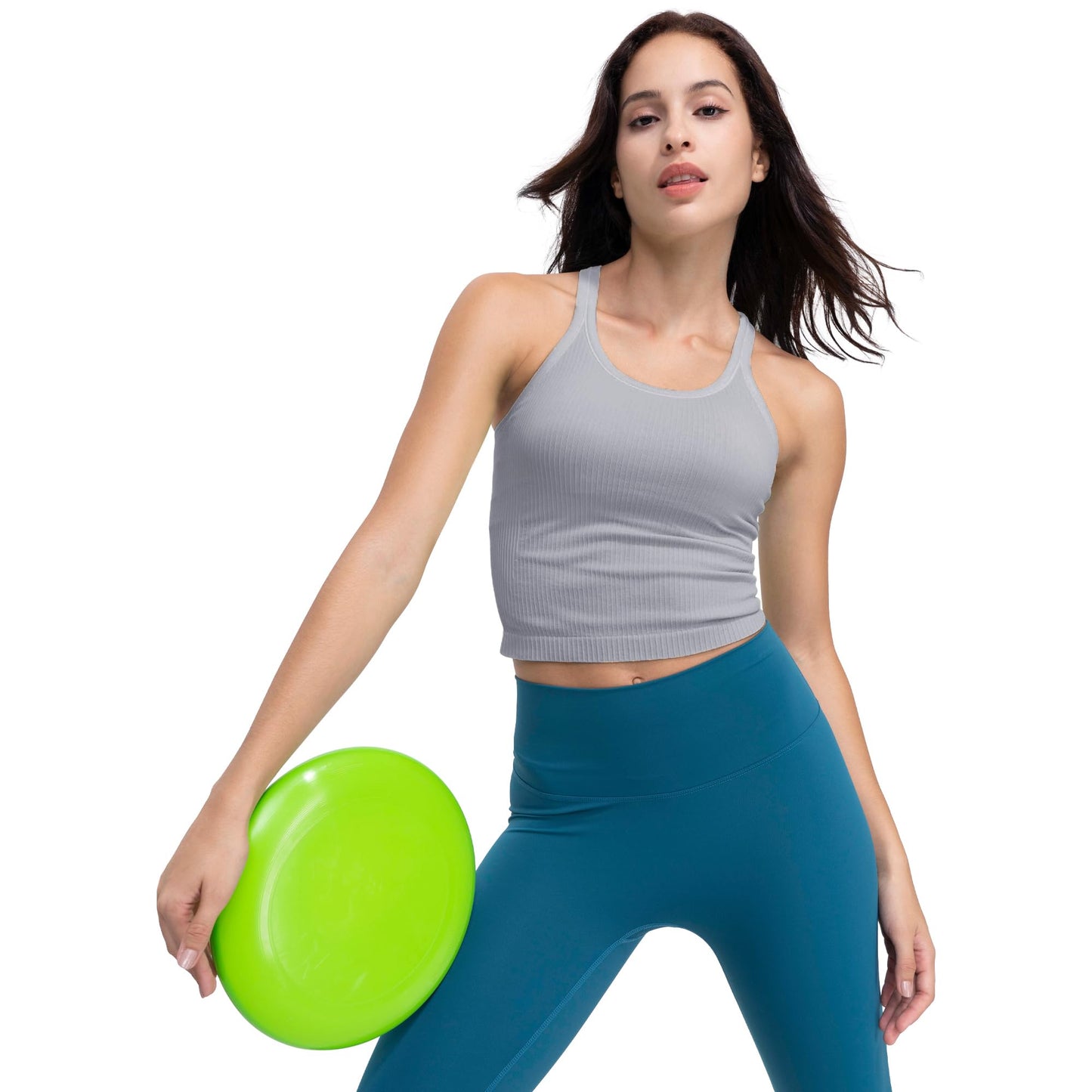 Excwudy Seamless Ribbed Workout Racerback Tank Tops with Built in Bra for Women Grey-Purple L