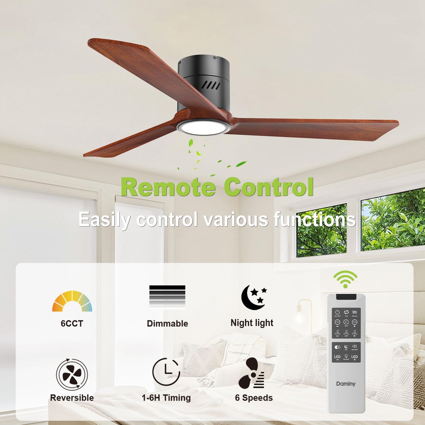 DAMINY Natural Solid Wood 52 inch Ceiling Fan with Light,3 Blades,6CCT,Black Low Profile Ceiling Fan with Light and Remote Control,APP Control,Flush Mount
