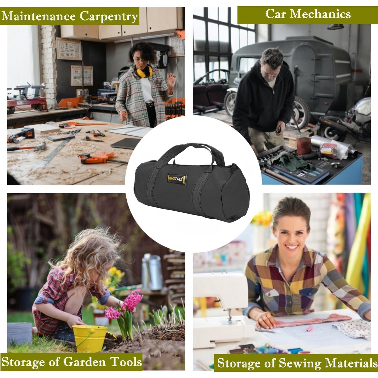 14 Inch Small Tool Bags for Men,Wide Mouth Zipper Tool Storage Bag,Large Capacity Canvas Tool Tote Bag,Portable Multi-Function Tool bag for Storage Wrenches,Screwdrivers,Repair Tools (Black)