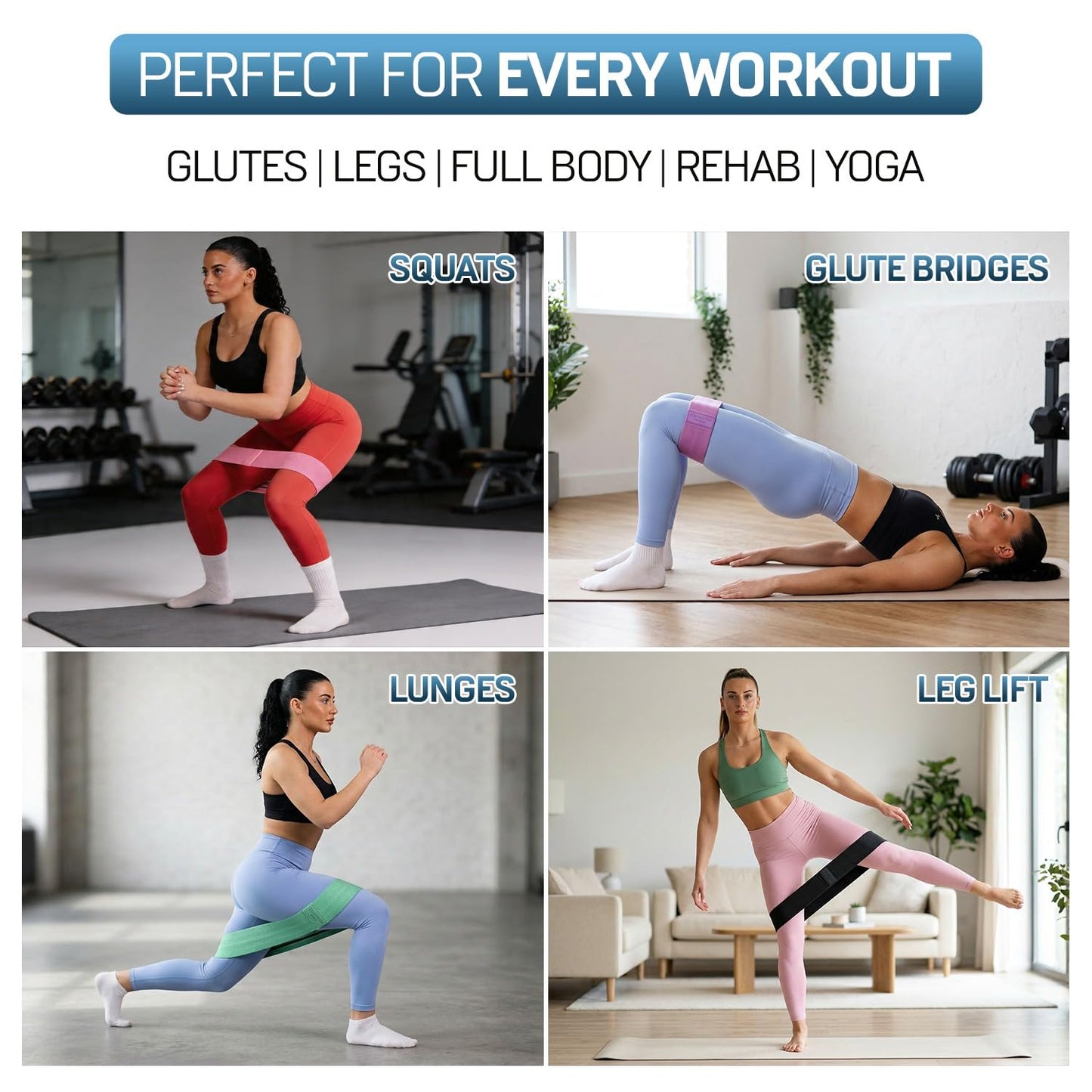Fabric Resistance Bands for Working Out, 4 Levels Elastic Workout Bands for Women Men, Non-Slip Exercise Bands for Pilates Glutes & Hip Stretching, Gym Booty Loops for Physical Therapy Legs and Thigh