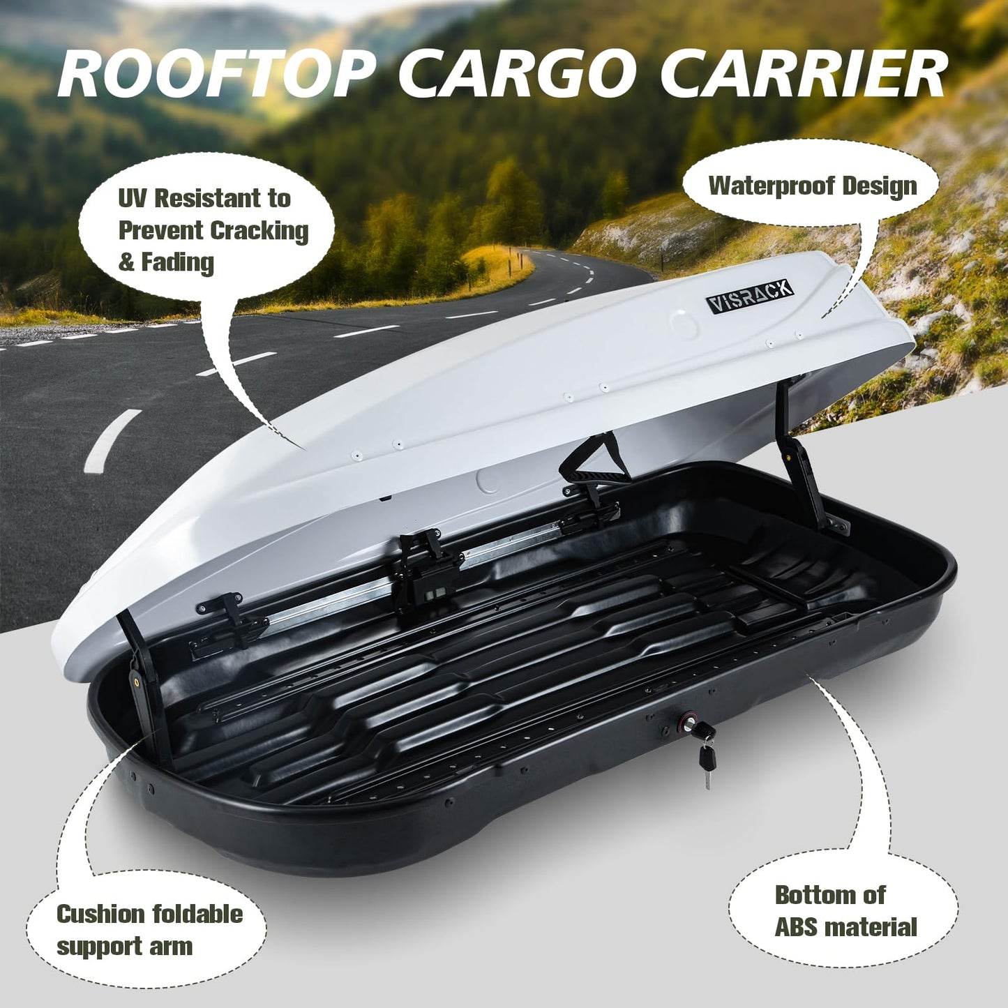 Hard Shell Roof Cargo Carrier, 13 Cubic Feet Storage, Durable ABS and PMMA Material, White Roof Box with Security Keys, Tool-Free Installation, Double-Sided Opening, 56" L x 30" W x 13.7" H