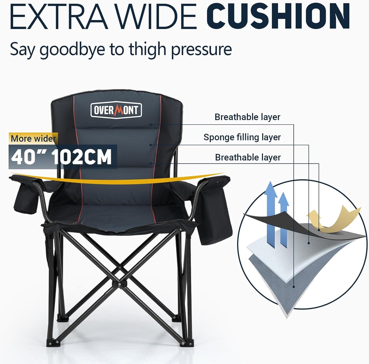 Overmont Oversized Camping Chair - 450lbs Capacity with Padded Cushion & Cooler Pockets | Heavy-Duty Collapsible Design
