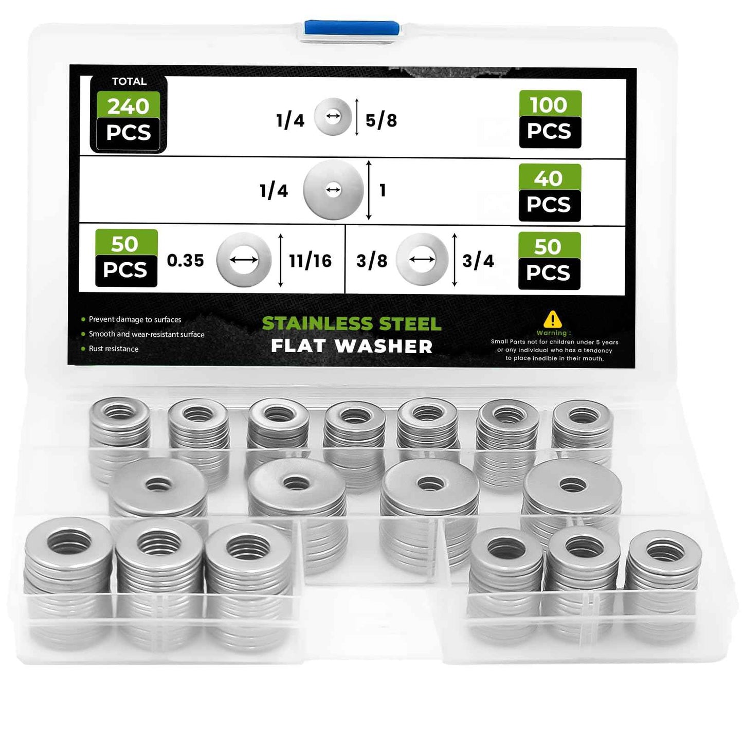304 Stainless Steel Fender Washers for Screws - 240 Pcs Flat Washer Assortment Kit Available in 4 SAE Sizes (1/4”x5/4”) (1/4”x1”) (3/8”x3/4”) (3/9”x11/16”) with 1.5mm Thickness