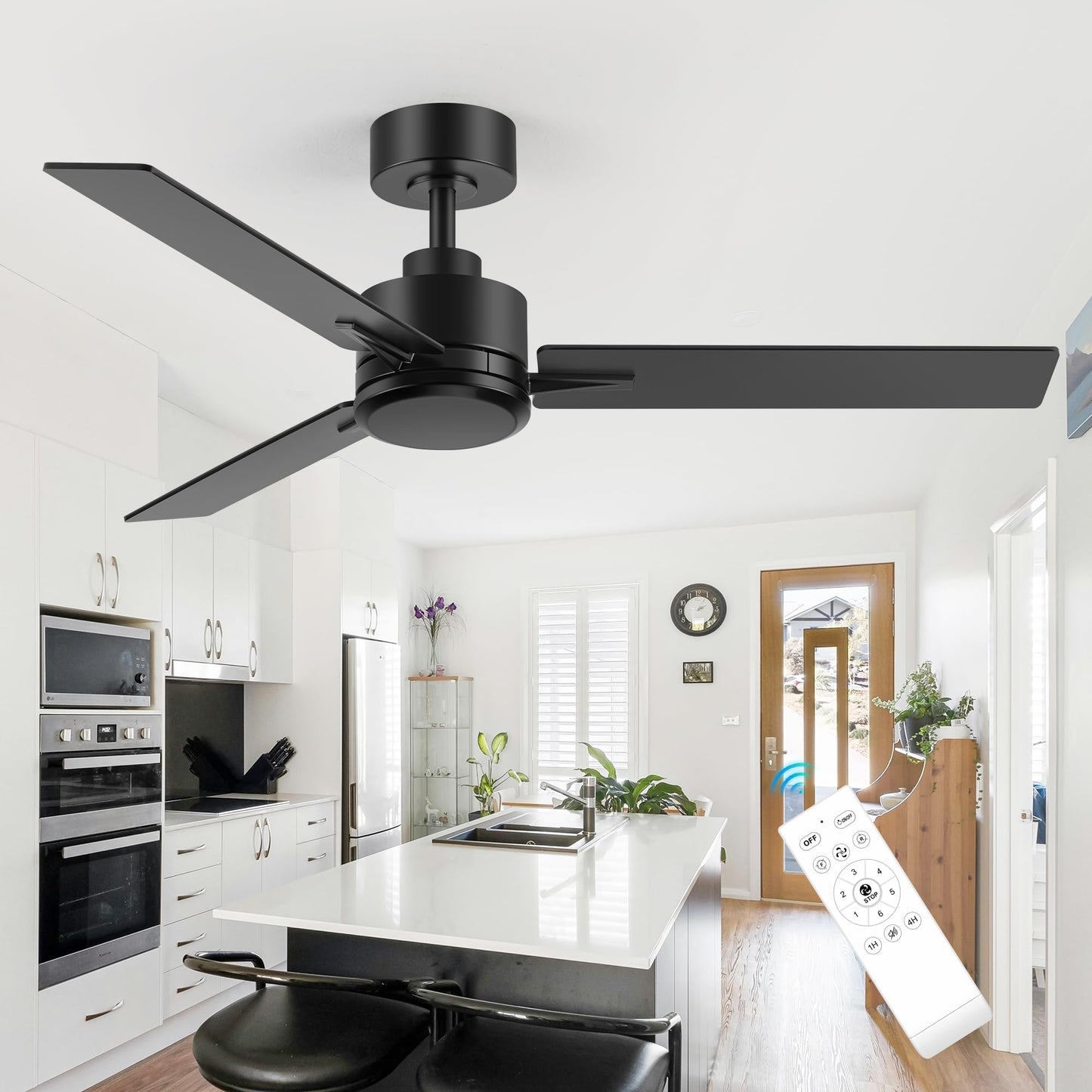 Breezary 48 Inch Industrial Ceiling Fans without Lights Remote Control, 6-Speed, Reversible DC Motor, 3 Blades, Modern Indoor/Outdoor Ceiling Fan No Light for Patio Home Office, Black