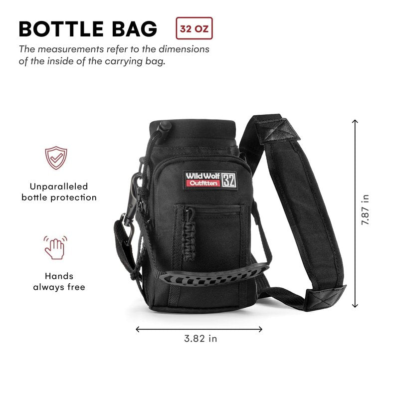 Wild Wolf Outfitters Water Bottle Holder for 32 ounce Bottles Black - Carry, Protect and Insulate Your Best Flask with This Carrier w/ 2 Pockets & an Adjustable Padded Shoulder Strap