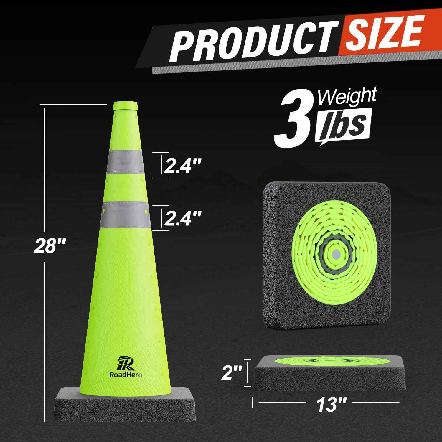 28 Inch Collapsible Traffic Safety Cones - Weighted Base & Reflective Collars, 4 Pack