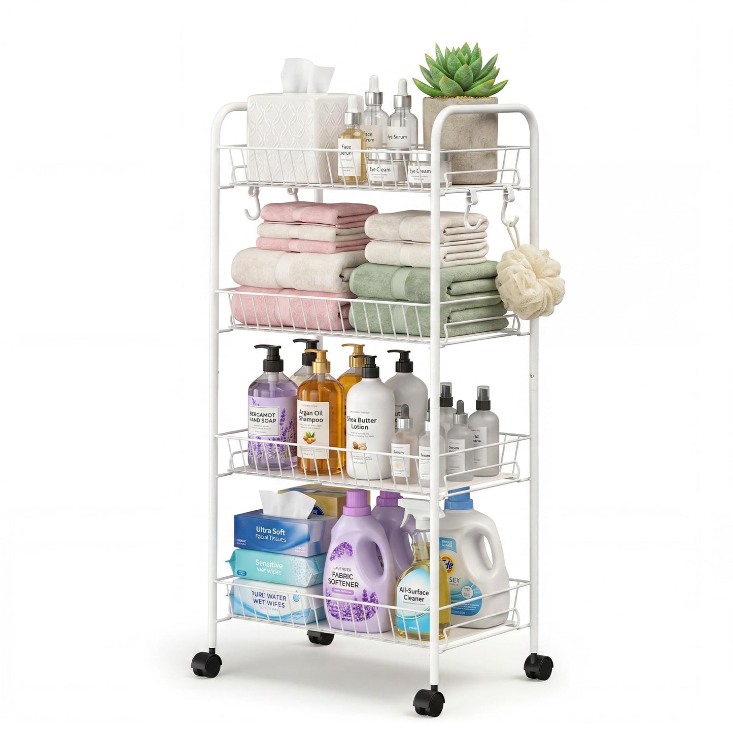 PLKOW 4-Tier Metal Rolling Utility Cart, Multi-Functional Storage Cart for Office, Living Room, Kitchen, Bathroom, Lightweight Organizer Cart with Wheels, White