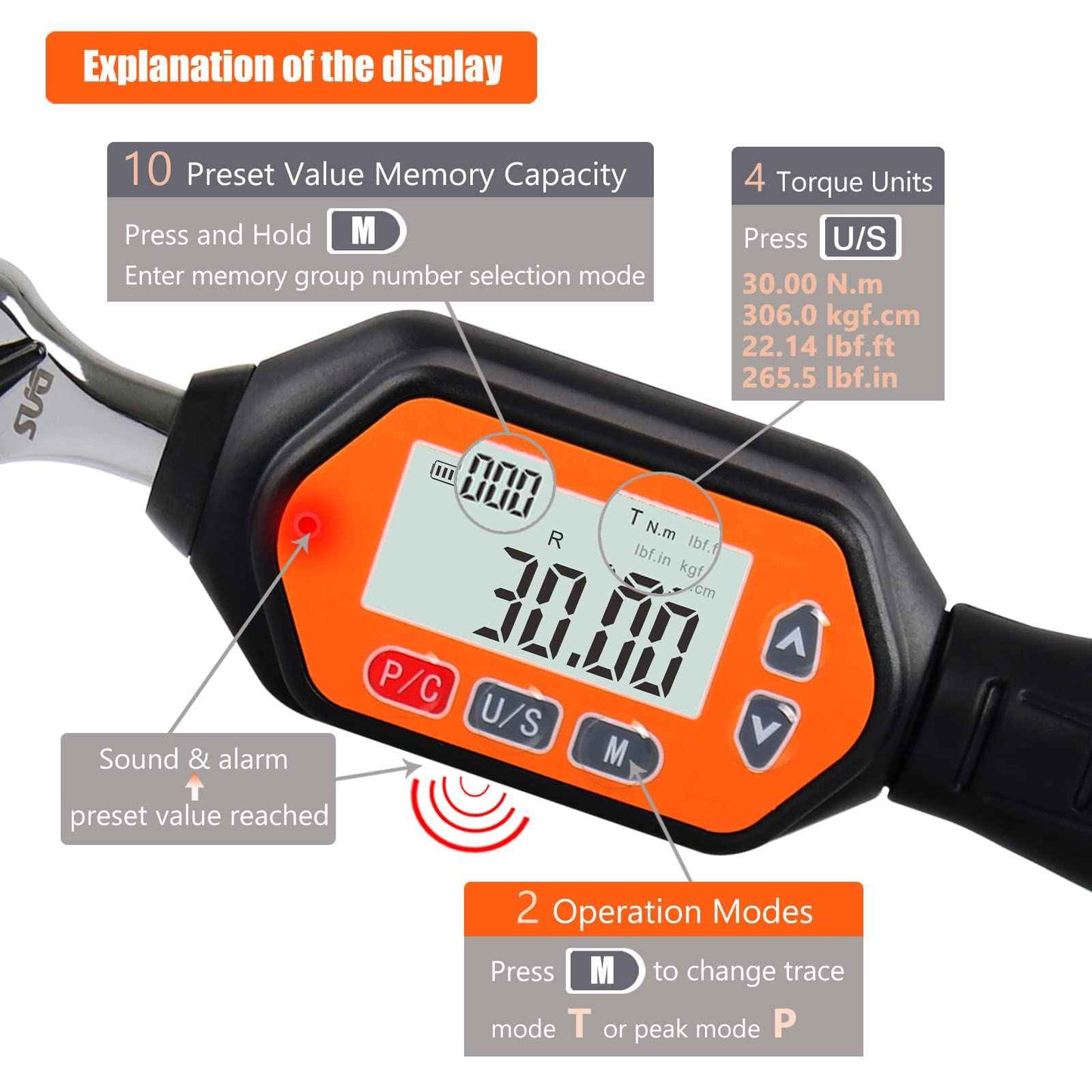 SUGPV Mini Digital Torque Wrench - 1/4-inch Drive with Buzzer & LED, 0.9-30 Nm, High-Precision Electronic Tool for Bike & Car Repairs, Calibrated for Reliability
