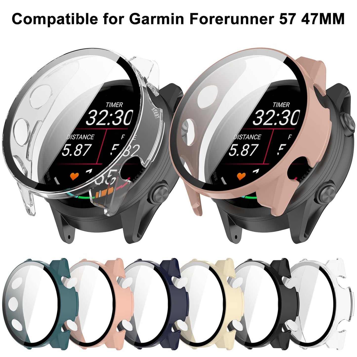 HXFRTYU 8 Pack Case for Garmin Forerunner 570 47mm Smartwatch Screen Protector, Hard PC Bumper Overall Protective Tempered Glass Cover Accessories for Women Men