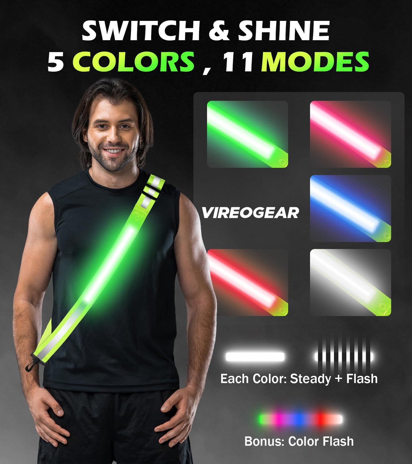 VIREOGEAR LED Safety Sash, USB Rechargeable Reflective Running Gear with 360° High Visibility, Adjustable Light Up Sash, 5 Colors & 11 Flash Modes for Running, Walking, Cycling & Dog Walking