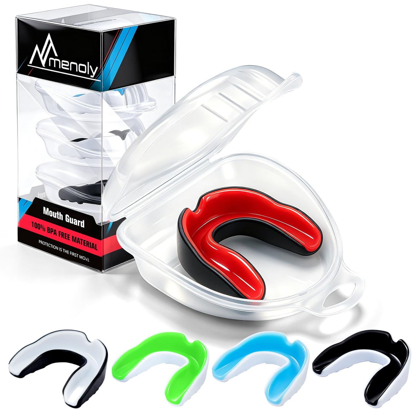 MENOLY Youth Mouth Guard - 5 Packs Football Mouth Guard, BPA Free Mouth Guard with Portable Case, Mouth Guard Sports for Boxing, Basketball, Lacrosse, MMA, Hockey, Wrestling, Soccer