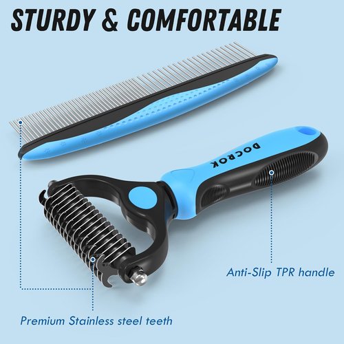 Docrok Pet Grooming Combo - Blue Deshedding Brush & Metal Comb for Long Fur Detangling