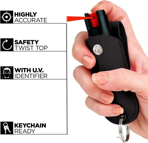 FIGHTSENSE Pepper Spray - Compact 1/2 oz Maximum Strength Formula | Best Self Defense Tool for Women with Leather Pouch Keychain