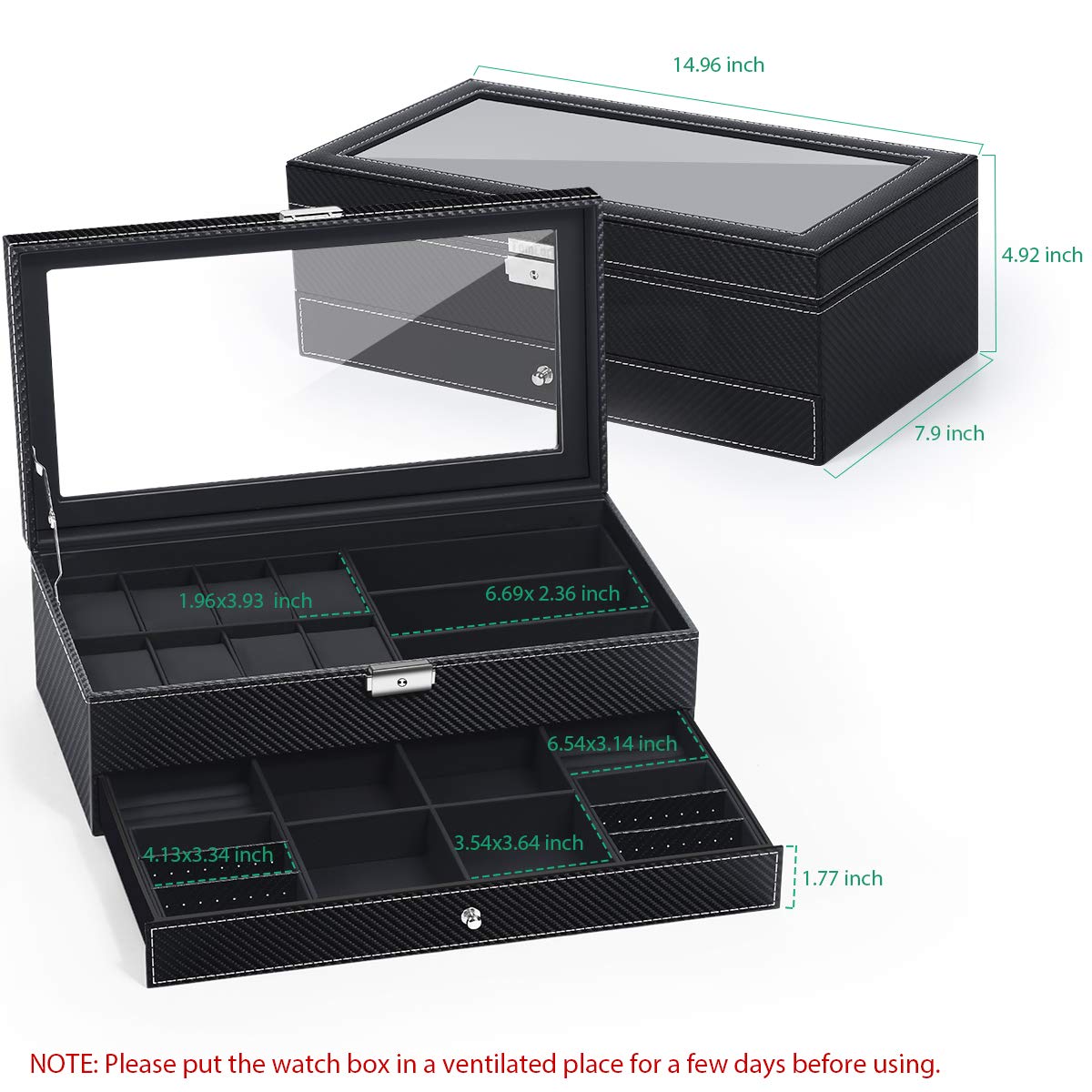 TomCare Watch Box Watch Case Watch Holder Organizer Jewelry Case Drawer Sunglasses Display Box Storage Earrings Storage Organizer Lockable with Glass Top and PU Leather for Men Women (All Black)