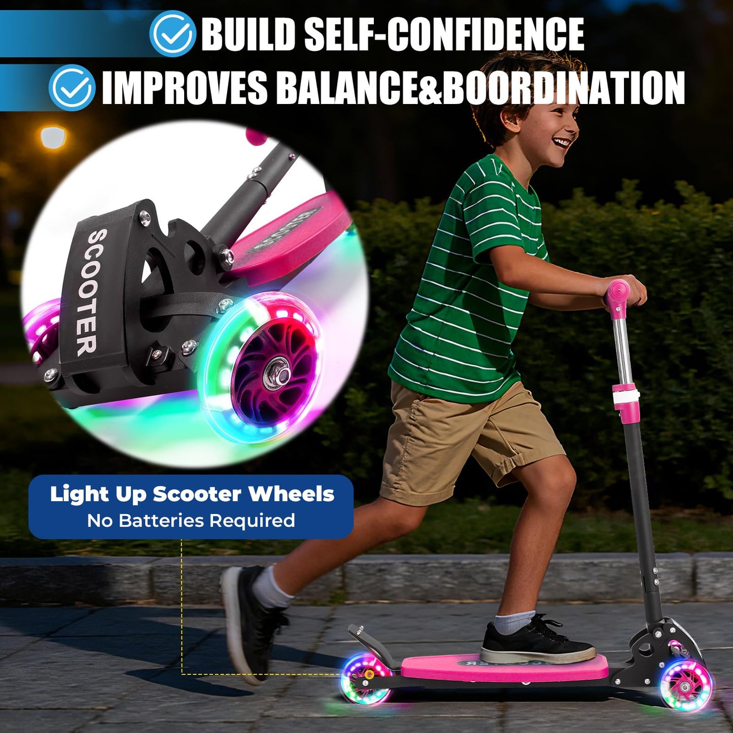 Scooter, Heavy-Duty 3-Wheel Scooter, 3-Speed Height Adjustable, LED Light-Up Wheels, Foldable - Kids Kick Scooter for 6-12 Year Old Boys Girls, 180 lbs Capacity for Birthday Christmas, Pink