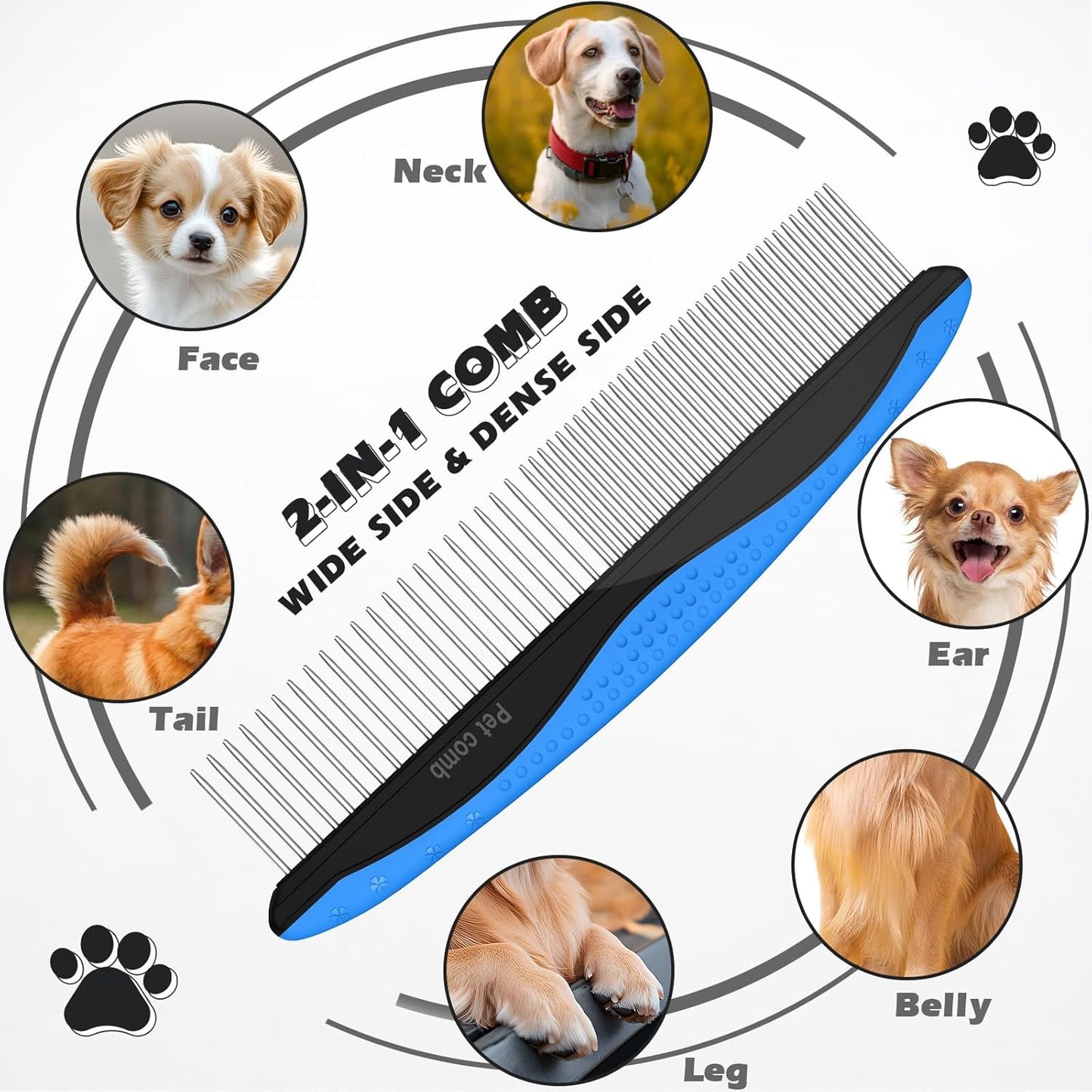 Skiennix Pet Grooming Tool Set - 3PCS Double-Sided Rake, Metal Comb & Flea Comb for Cats & Dogs | Blue