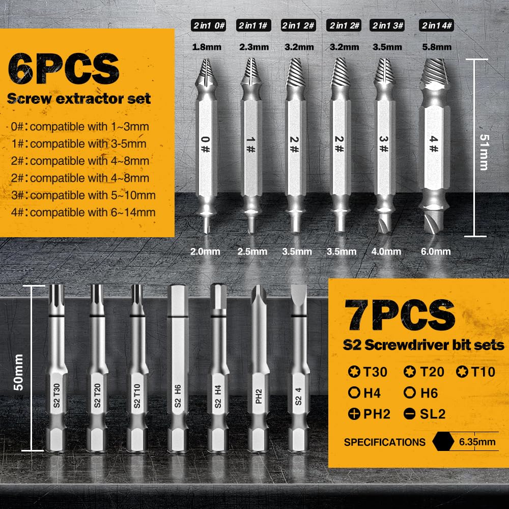 Gifts for Men,16 Pcs Damaged Screw Extractor Set Father's Day Gifts Christmas Stocking Stuffers for Adults Men, ez Out Screw Extractor, Stripped Screw Extractor Set of Rusty Broken Screws & Bolts