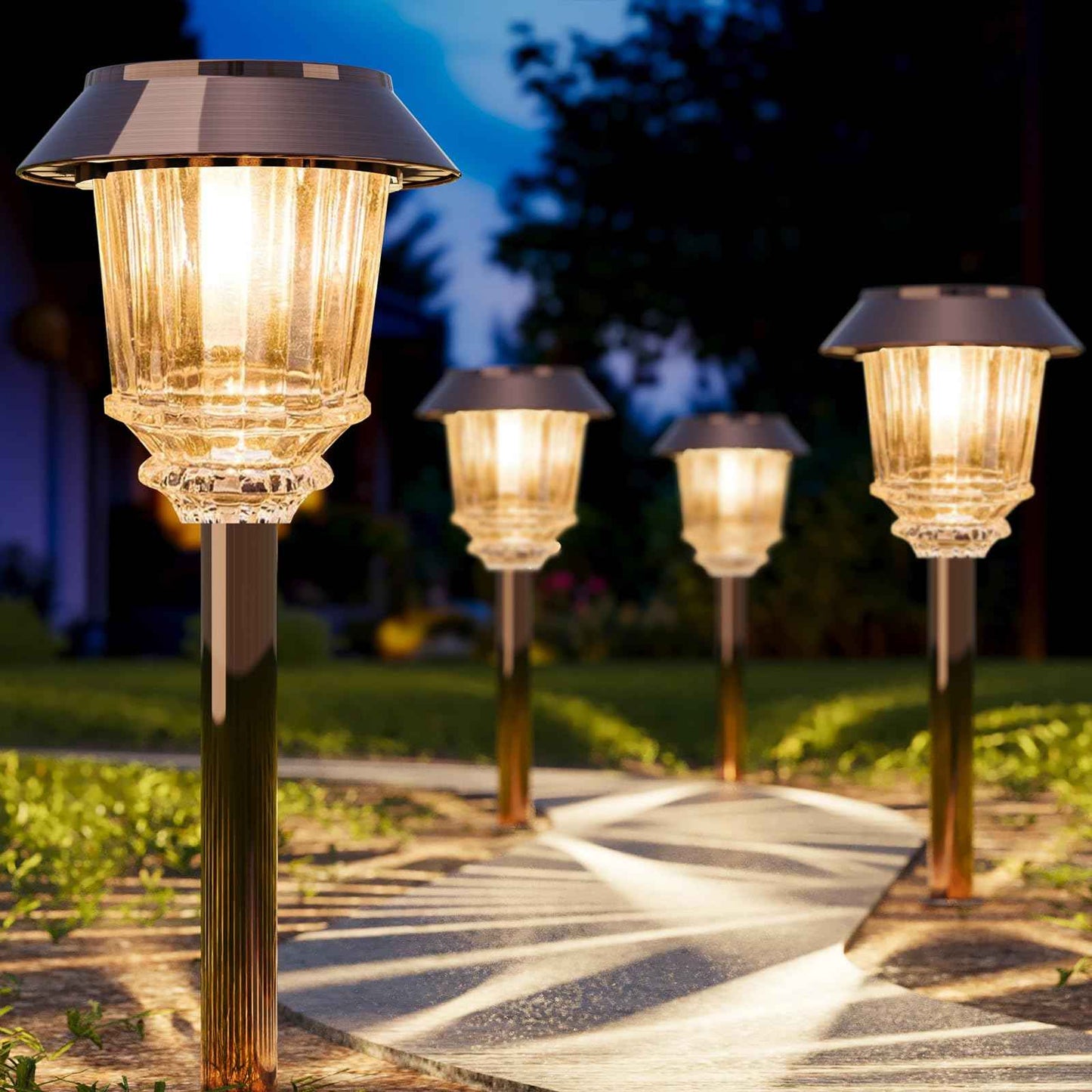 XMCOSY+ Solar Lights Outside Waterproof - 4 Pack Auto On/Off 10-40 LM Dimmable Outdoor Solar Lights for Yard Garden Pathway Driveway Walkway (Warm White)