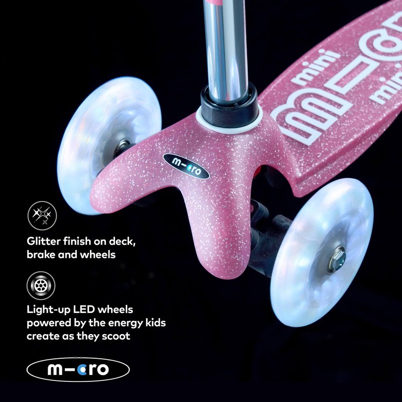 Micro Kickboard | Mini Deluxe Glitter LED Scooter | Adjustable Handlebar | Lean-to-Steer | Lightweight | Three-Wheeled | Kids Ages 2-5 yrs (Glitter Pink)