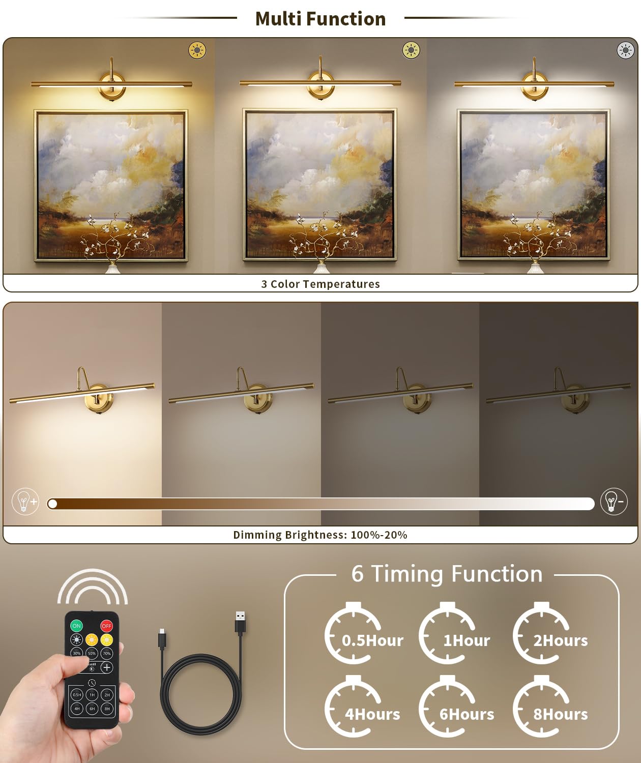 JOOSENLUX Battery Operated Picture Lights Modern Wireless Wall Lights 24.4" Inch Dimmable Under Counter Lights for Kitchen with Swing Arm as Canvas Wall Sconce Light Brass 3000K CRI95+