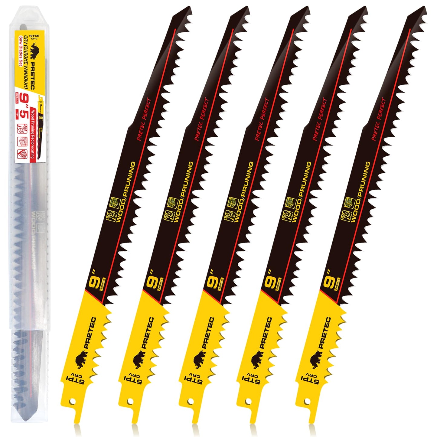 PRETEC Wood Pruning Reciprocating Saw Blades, 9 Inch Pruning Blades for Reciprocating Saw, High Carbon Steel Reciprocal Saw Blades for Tree Trimming, Wood Cutting with Organizer Case, (5 Pack/5TPI)