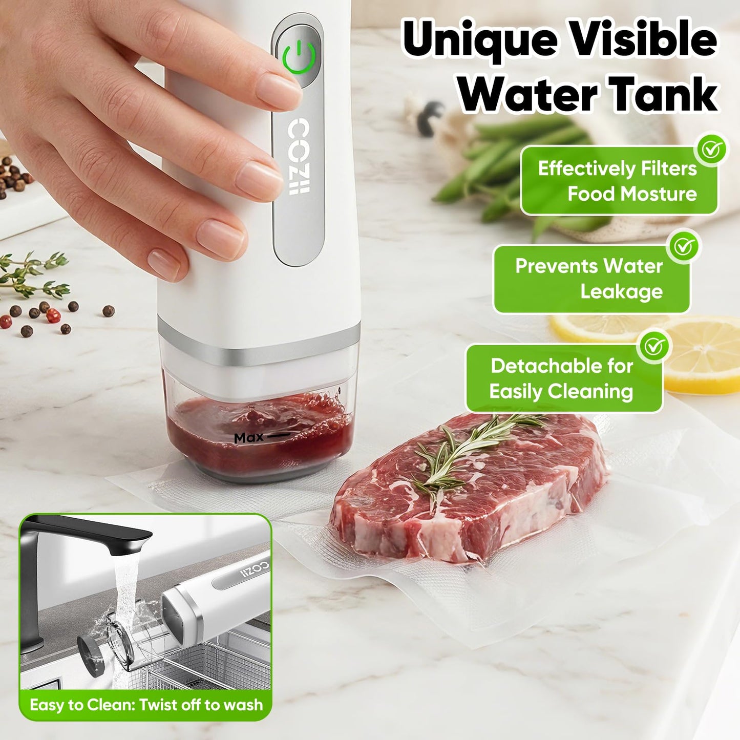 COZII Vacuum Sealer for Food, Powerful Handheld Vacuum Sealer with 30 Reusable Bags, Rechargeable Design with Visible Detachable Tank, Portable Food Saver for Kitchen Camping Travel and Meal Prep