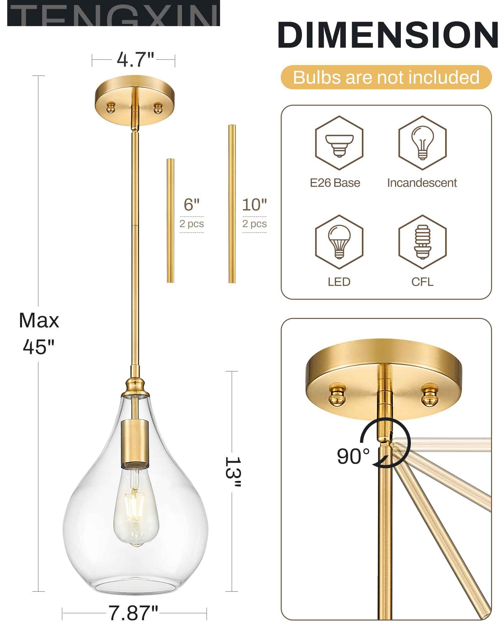 TENGXIN 8 Inch Pendant Lighting for Kitchen Island,Hanging Lights Kitchen Island,Brushed Gold Finished Clear Glass Pendant Light,Farmhouse Pendant Light for Dining Room,Bedroom,TXPLBG12-LCG
