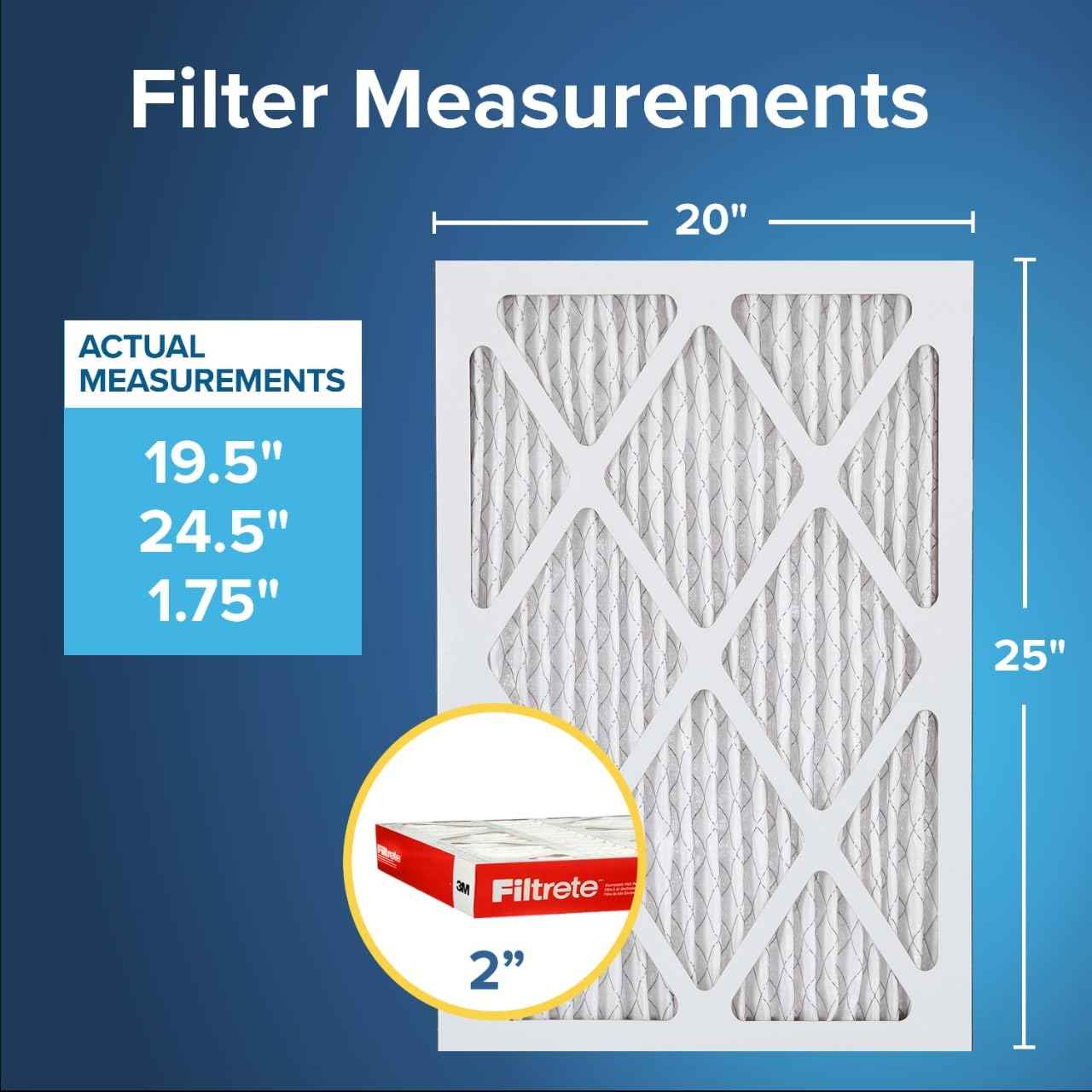 Filtrete 20x25x2 AC Furnace Air Filter, MERV 11, MPR 1000, Allergen Defense, 3-Month Pleated 2-Inch Electrostatic Air Cleaning Filter, 4 Pack (Actual Size 19.5 x 24.5 x 1.75 in)