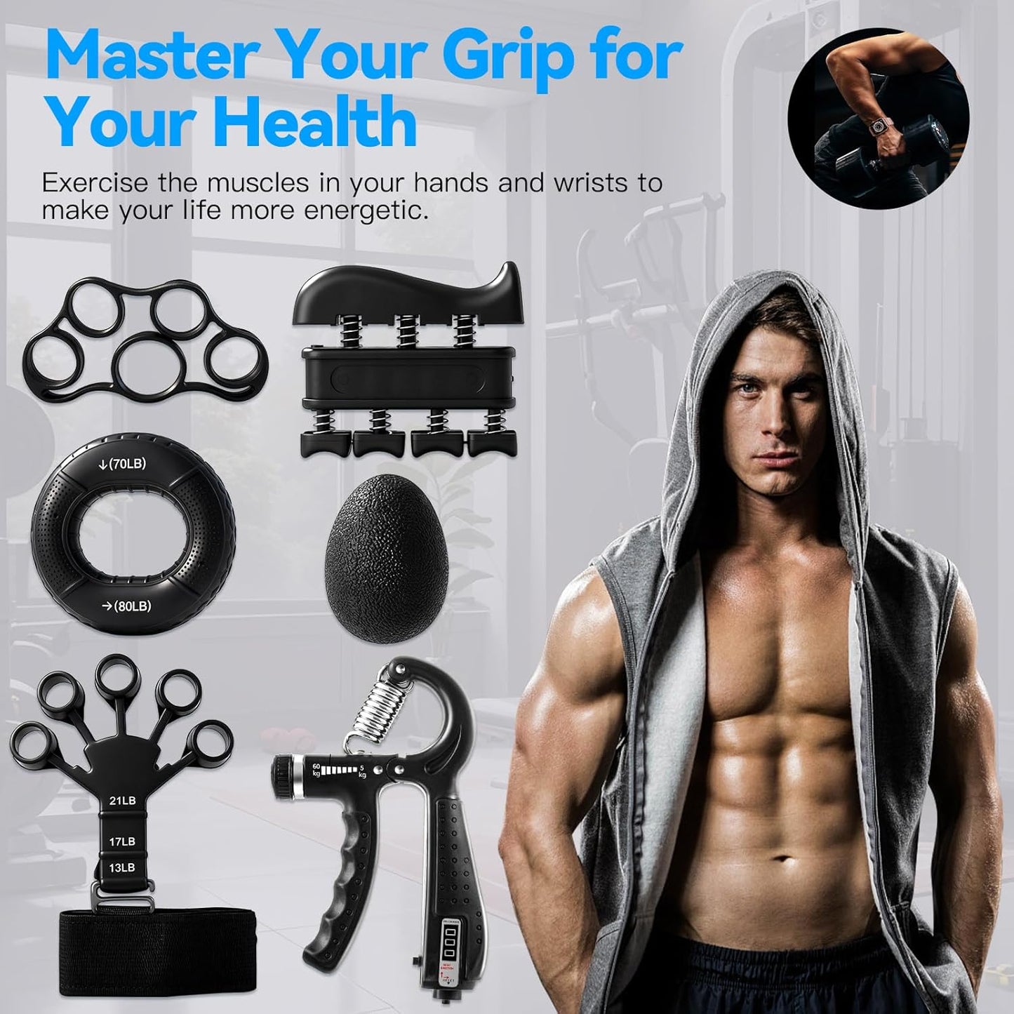 Skiennix 7PCS Grip Strength Trainer Kit - Adjustable Forearm Grips & Finger Stretchers | Hand Training Tools