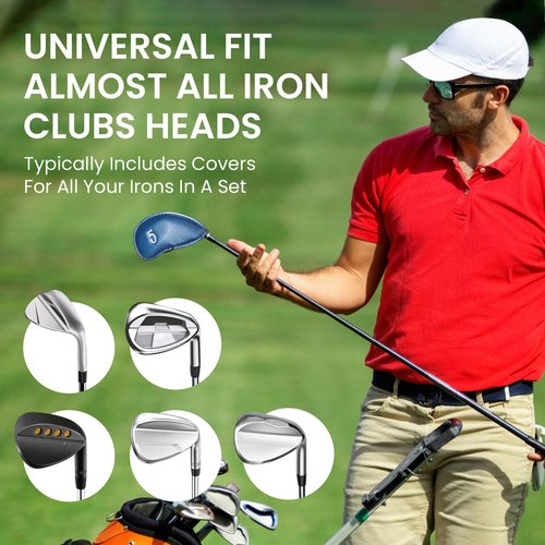 FINGER TEN Premium Synthetic Leather Stylish Iron & Wedge Golf Head Covers Value 12 Piece Set, Embroidered Labels & Fits Most Clubs Gift Set, Travel Protection Accessories (1 Side-Blue)
