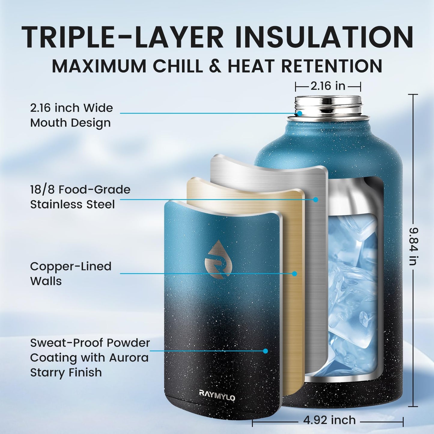 RAYMYLO Insulated Water Bottle 64 oz, Triple Wall Vacuum Stainless Steel (Cold for 48 Hrs), Leak Proof & Non-BPA, Half Gallon Water Flask Jug with Paracord Handle & Straw Spout Lids