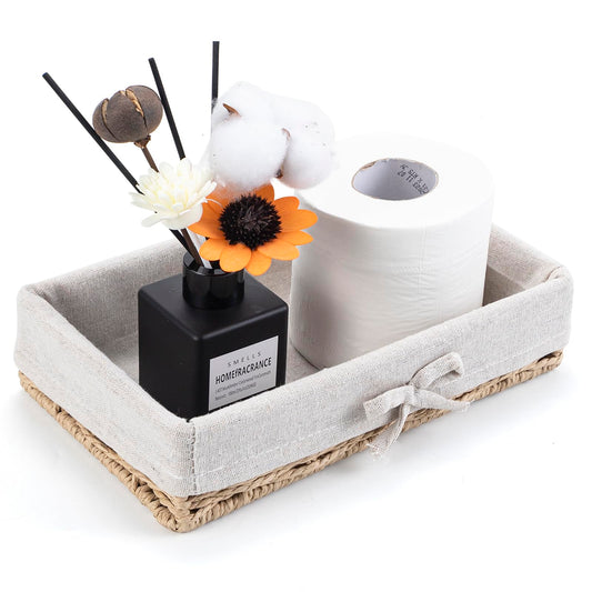 Bathroom Tray Wicker Toilet Paper Basket Toilet Tank Trays for Countertop Storage Behind Bathroom Tray Organizer Toilet Tank Top Basket Suitable for Any Home Décor Style (9.8x5.9x2.36 in, Beige)