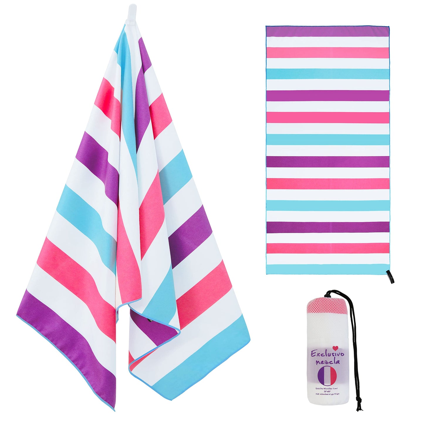 Exclusivo Mezcla Microfiber Quick Dry Beach Towel, Large Lightweight Sandfree Pool Towel for Swimming Camping Travel with Bag (Purple, 30x60 Inches)