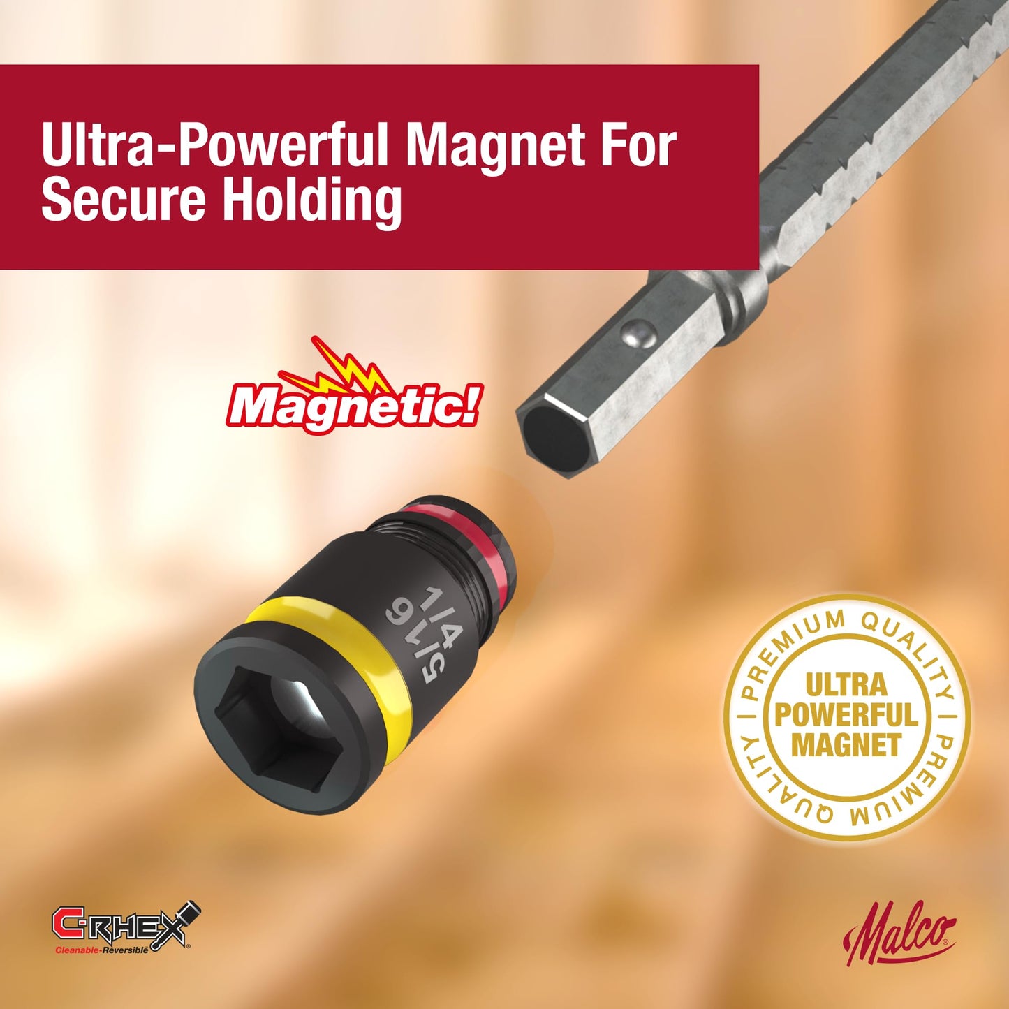 Malco 7-in-1 C-RHEX Flip Bit Socket Set with 3 cleanable, reversible, and stackable, color-coded sockets featuring an ultra-powerful magnet and a #2 Phillips integrated driver head. Impact Rated.