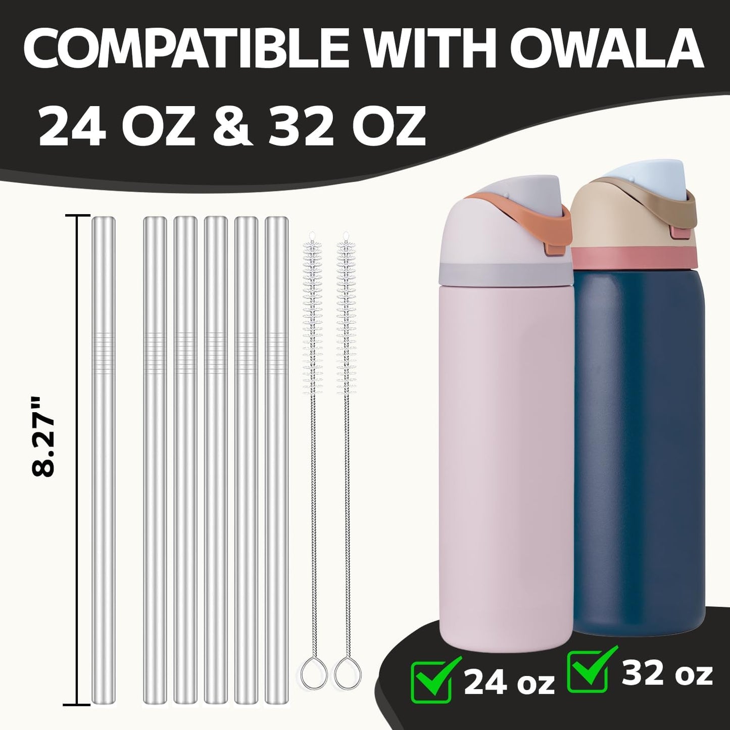 MIMORE Metal Straws for Owala | 6-Pack Stainless Steel Reusable Straws - Dishwasher Safe, Fits 24 oz & 32 oz