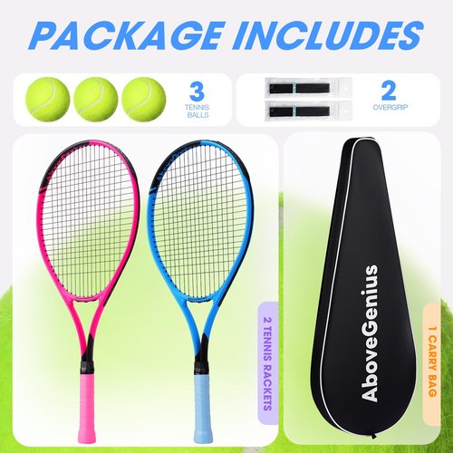 AboveGenius Neon Pink & Blue Tennis Rackets 2 Pack for Adults- 27" Lightweight Aluminum Tennis Racquet Set with 3 Balls & Bag - Stylish Matte Pop-Color Starter Kit for Couples & Friends