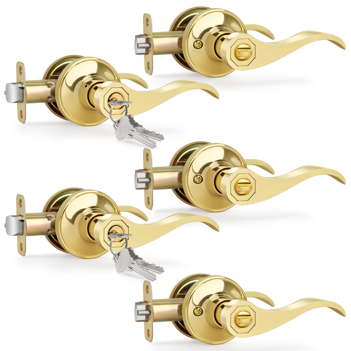 Moquin 5 Pack Wholesale Polished Brass Door Lever, Wave Design Keyed Entry Door Lever with Lock (Keyed-Not-Alike), Reversible Door Handle for Right/Left Side for Front/Entrance Door Lock