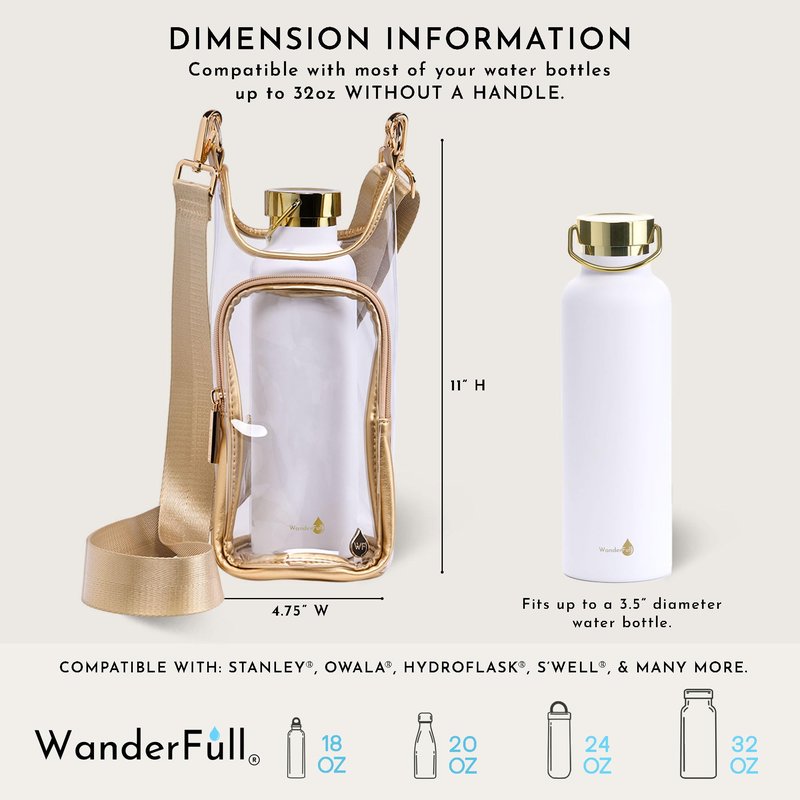 WanderFull® Clear Stadium HydroBag® w/Matching Pouch Fits Up to 32 oz Water Bottle Holder w/Strap, Hands-Free Crossbody Water Bottle Carrier Bag w/Phone Pocket, Tumbler Accessories - Gold Trim