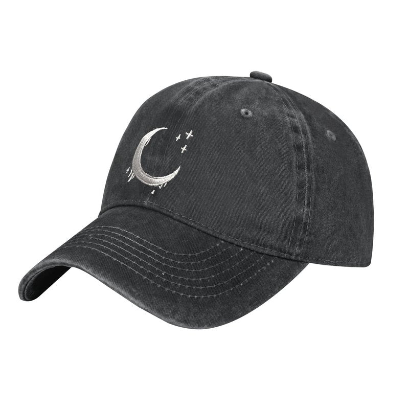 ANSGSD Goth Crescent Moon Hat, Adjustable Embroidered Washed Baseball Cap for Men Women