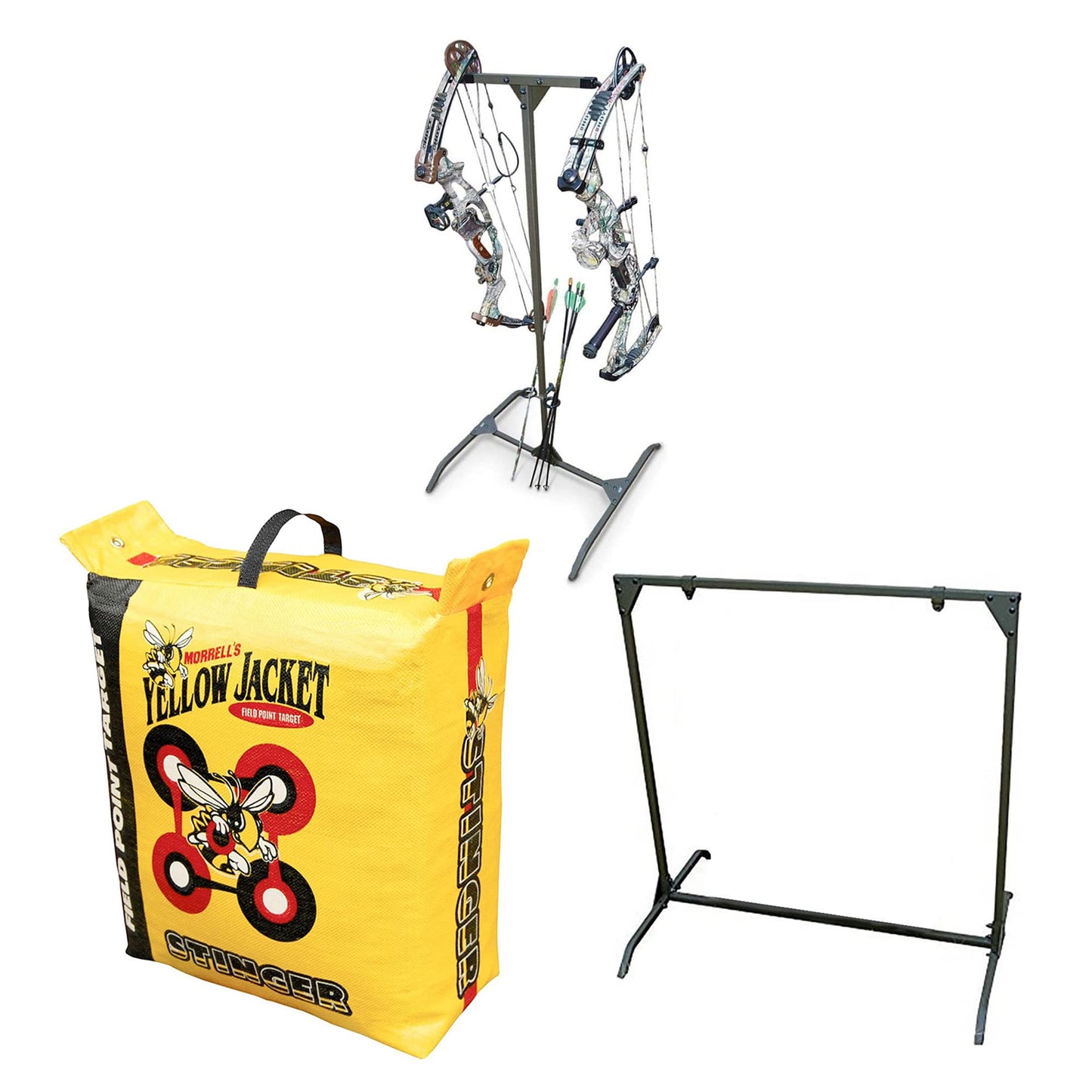 Morrell Yellow Jacket 19lb Portable Stinger Field Point Archery Bag Target with HME Products 30in Bag Target Stand and Indoor Outdoor Bow Storage Rack