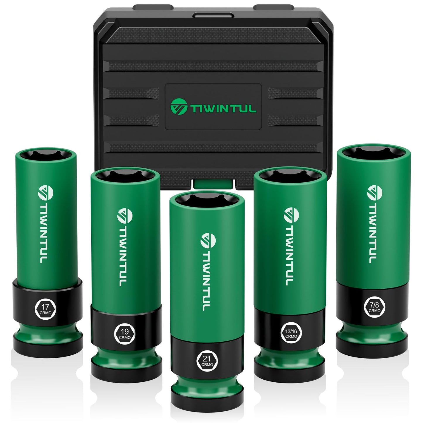 TIWINTUL 1/2" Wheel Protector Impact Socket Set, 5Pcs Non-Marring Lug Nut Socket Set, CR-MO Steel, 6-Point Thin Wall Deep Socket Set, Color-Coded Protective Sleeves- Metric 17 19 21 mm, SAE 13/16 7/8"