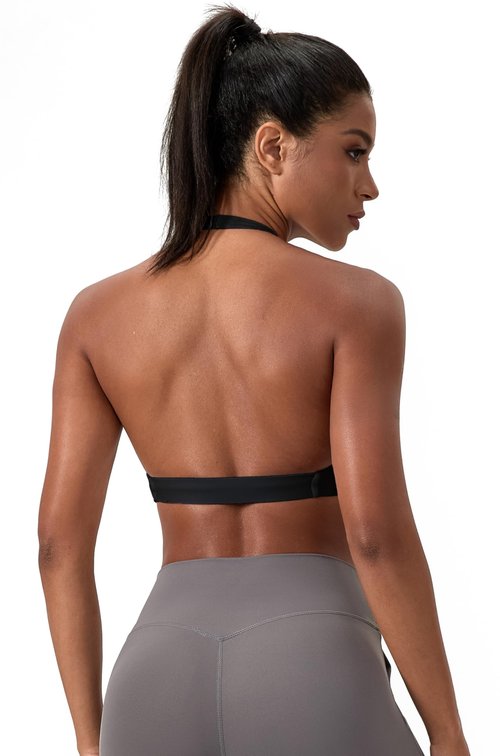 Sports Bra for Women Seamless Halter Padded Yoga Bras Open Back Gym Low Impact Workout Crop Tank Top Black