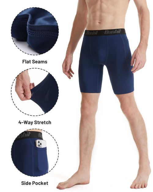Runhit Men's Compression Shorts with Pockets – 9'' Performance Athletic Shorts for Workouts Sports Running Spandex Underwear (Navy,Medium)