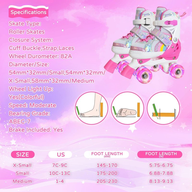 Nattork Girls Roller Skates for Kids Toddler, 4 Sizes Adjustable Rainbow Quad Skates with Light up Wheels,Best Gift for Boys Kids Beginners Indoor Outdoor S