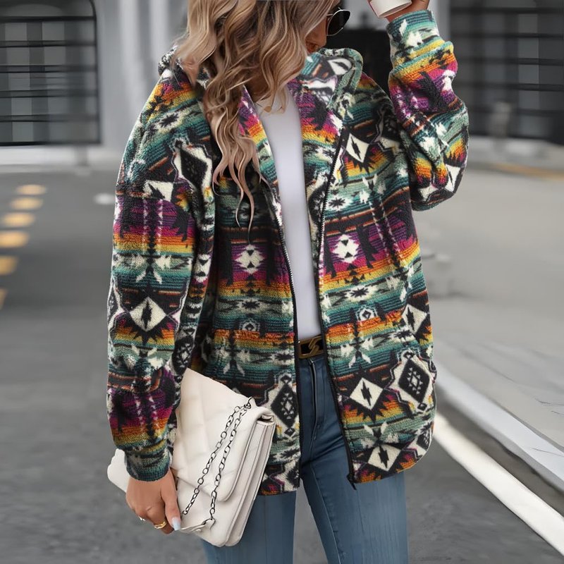 LUKYCILD Womens Western Aztec Print Zip up Hoodies Sweatshirt Sherpa Fleece Jacket Coat with Pockets Casual Warm Outwear