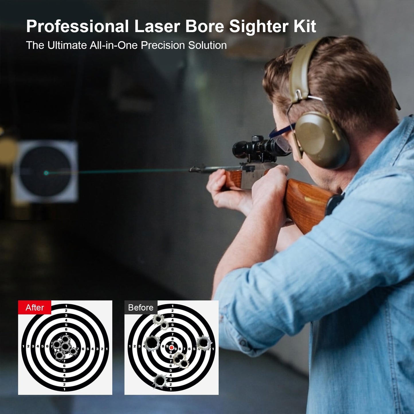 Xiaoxinluck USB Rechargeable Laser Bore Sight Kit with 32 Adapters, Fits .17 to 12GA Calibers, Professional Green Laser Bore Sighter for All Guns Bore Laser Sighting Kit