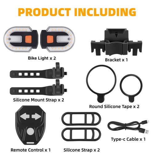 2Pcs Bike Tail Lights with Turn Signals, Wireless Remote Control USB Charging Bike Rear Light, Waterproof Split/Integrated Bicycle Lights, 5 Modes Safety Warning Turn Signals Light for Night Riding